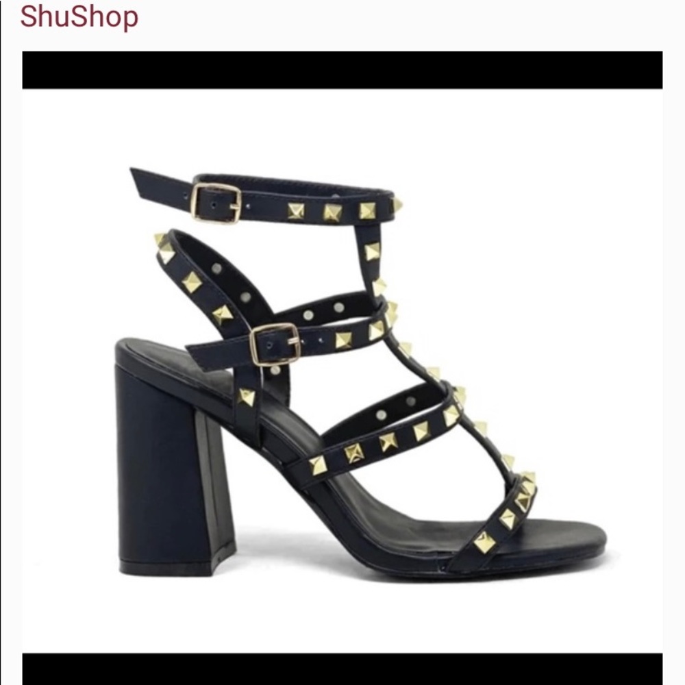 Black with gold studs open toe heels